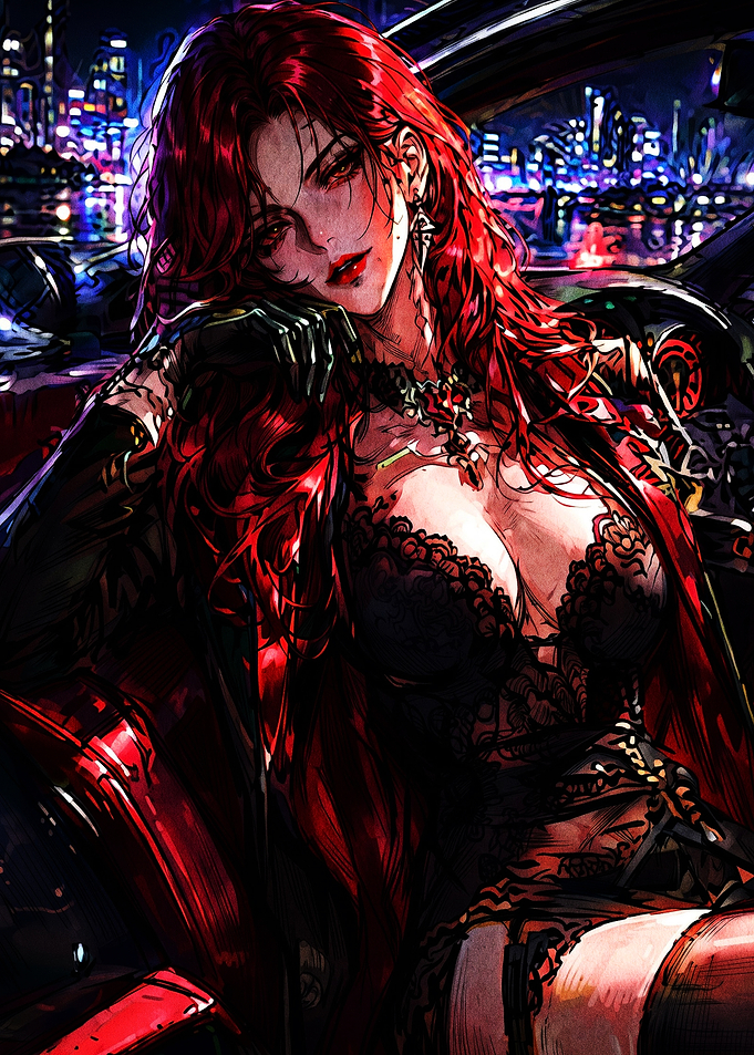 Red-Haired Woman in Night City Car