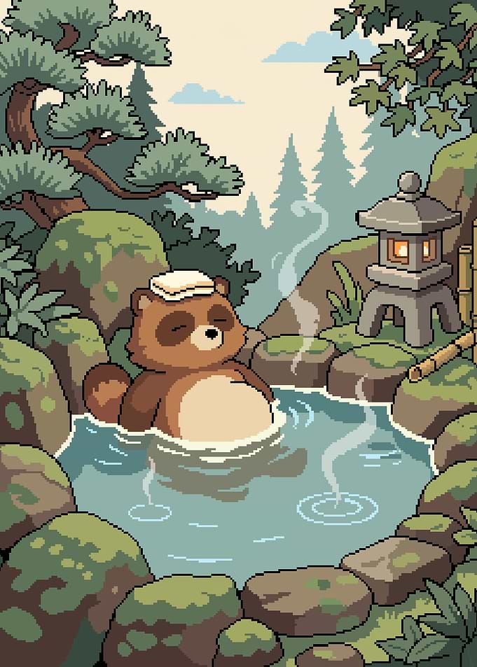 Pixel Art Tanuki Relaxing in Onsen