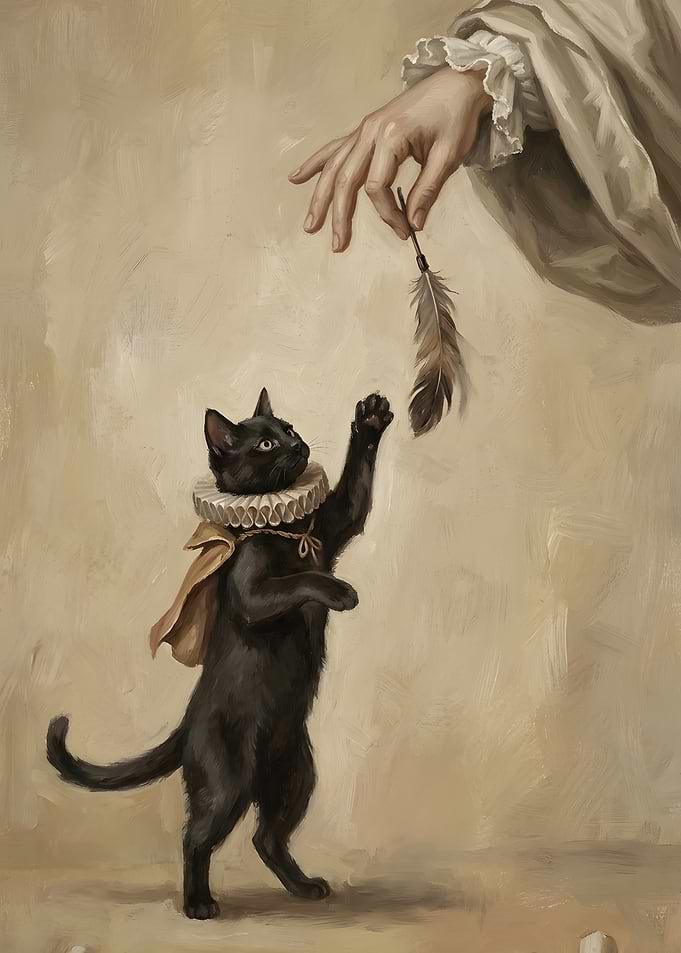 Renaissance Black Cat Playing with Feather