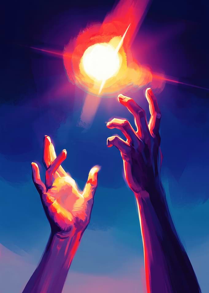 Hands Reaching Toward Radiant Light