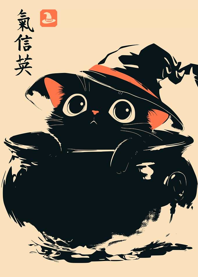Black Cat Witch Hat Cauldron Halloween