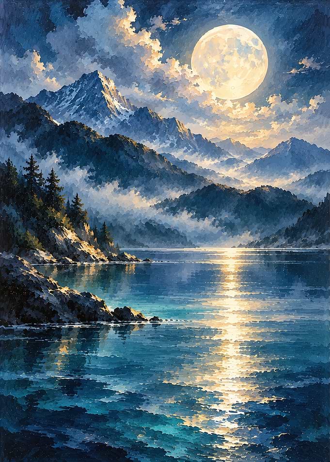 Moonlit Mountain Lake Landscape