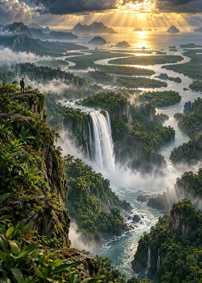 Breathtaking Waterfall Landscape at Sunset