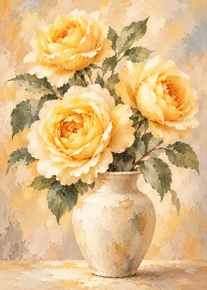 Yellow Roses in Ceramic Vase Painting