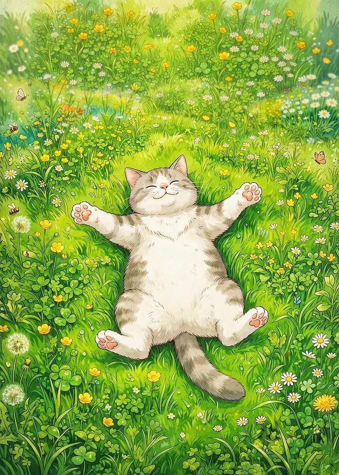 Happy Cat Meadow Spring Art Poster