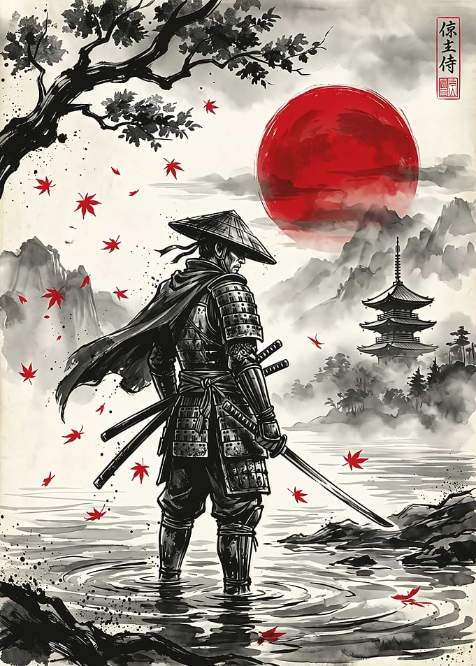 Samurai Standing in Water Ink Painting