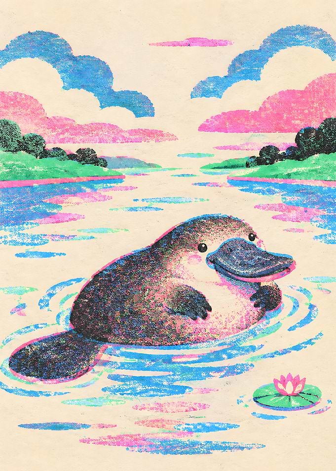 Cute Platypus Swimming in Pastel River