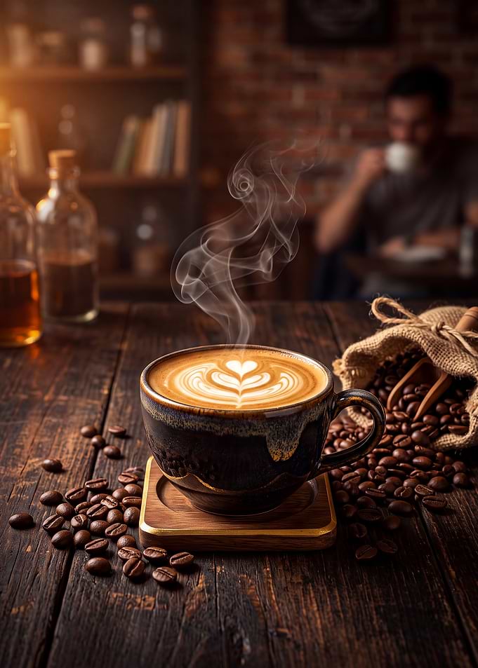 Steaming Latte in Rustic Cafe
