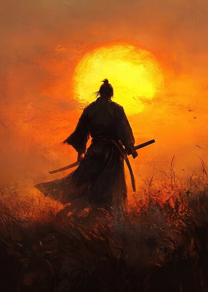 Samurai Standing Against Golden Sunset