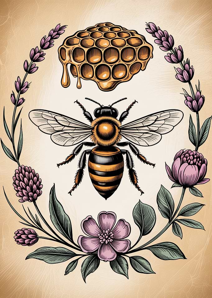 Vintage Botanical Bee and Honeycomb Floral Illustration