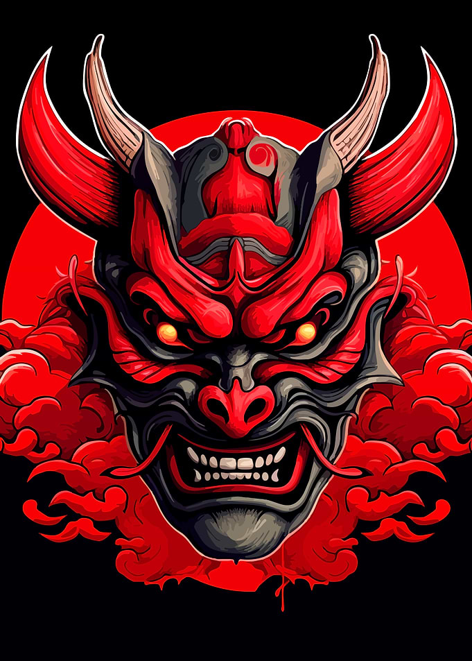 Fierce Red Oni Samurai Mask