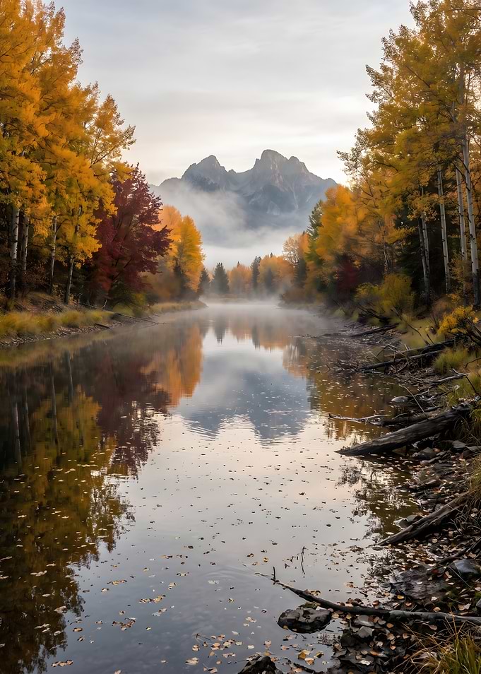 Misty Autumn Mountain River Reflection