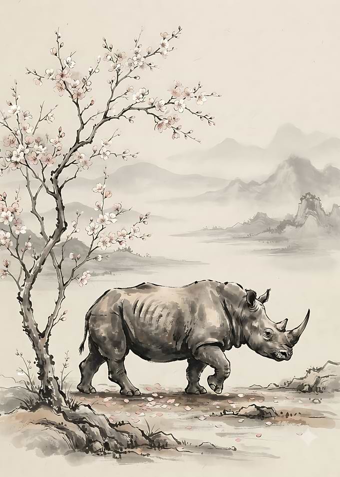 Rhinoceros Under Cherry Blossom Tree
