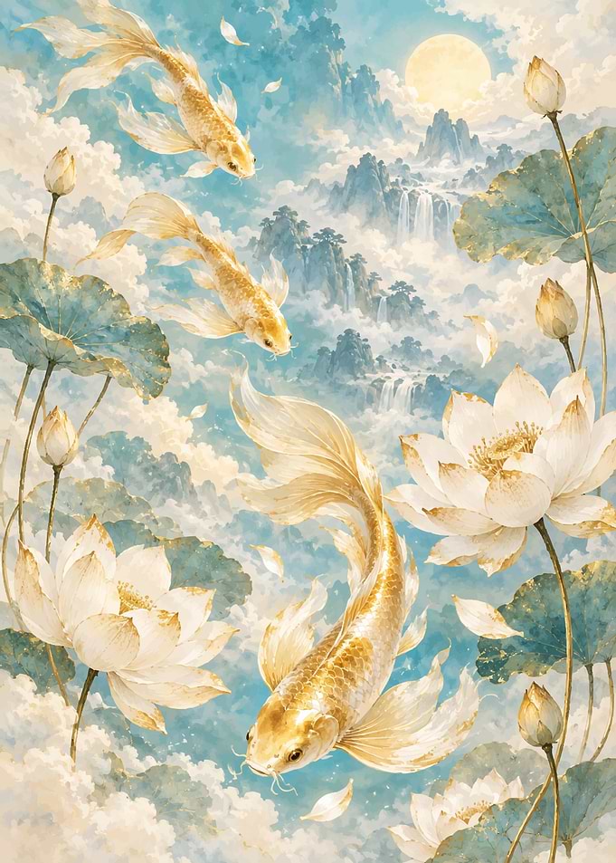 Golden Koi and Lotus Dreamscape