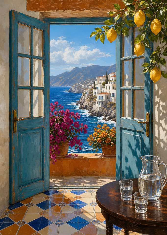 Mediterranean Terrace View with Lemons Sea Beach