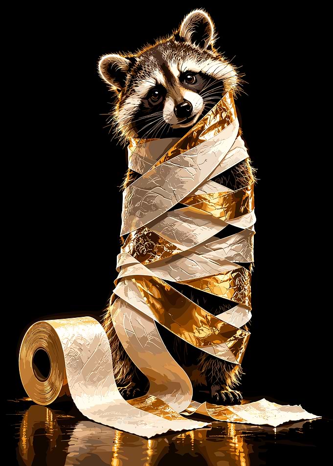 Raccoon Wrapped in Toilet Paper