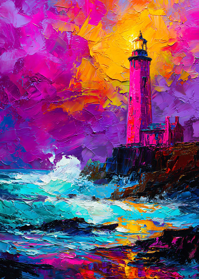 Neon Impasto Lighthouse Above Turquoise Ocean Waves