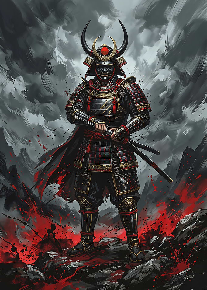 Menacing Samurai in Black Armor