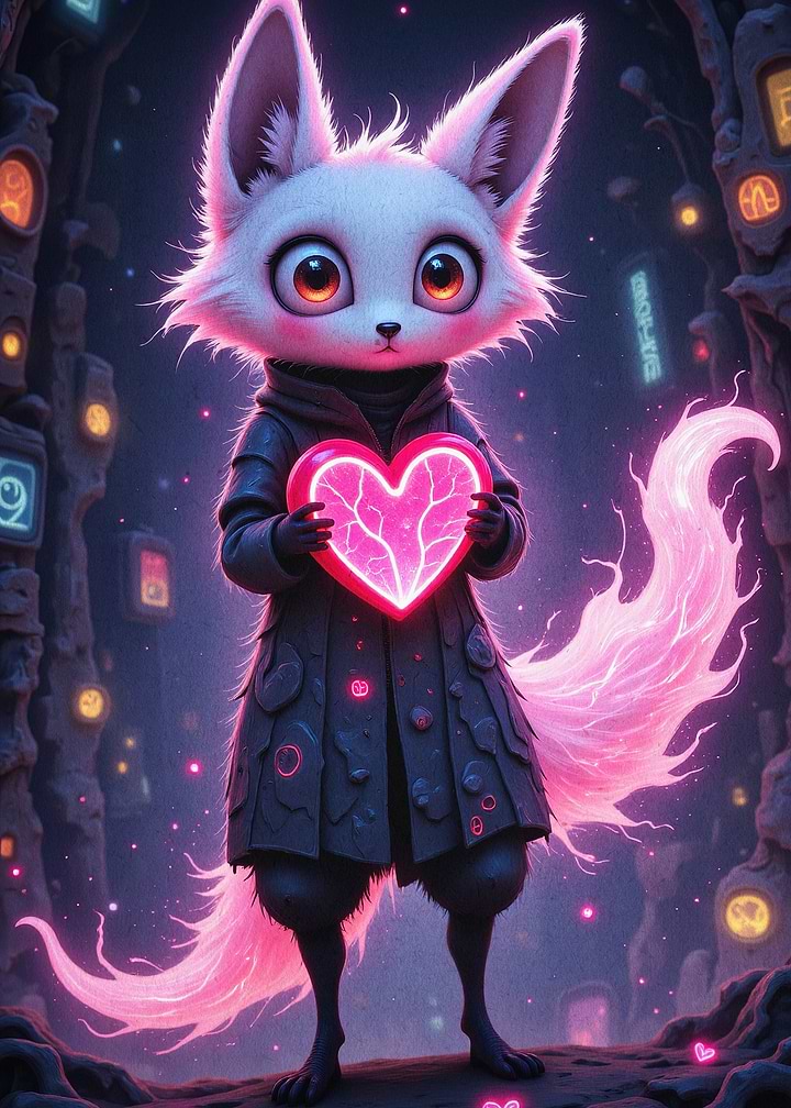 Cyber Fox Neon Heart Fantasy Art