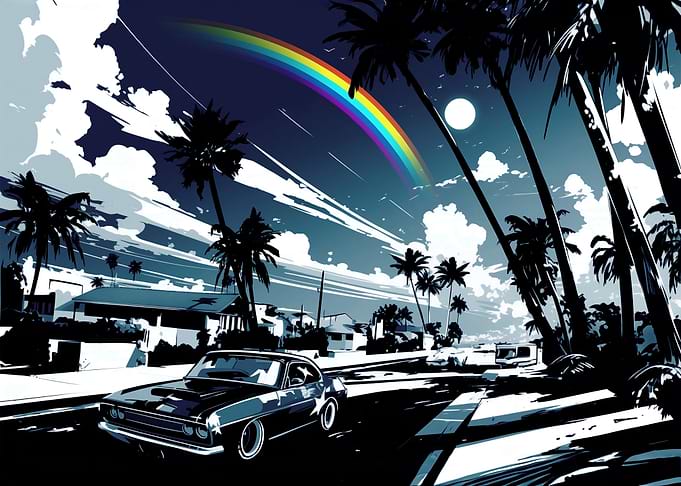 Classic Car Under a Tropical Rainbow