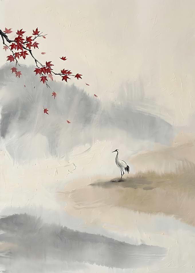 Minimalist Crane and Maple Branch Painting