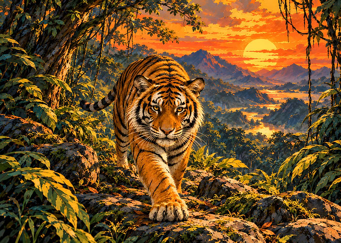 Majestic Tiger Walking Through Tropical Jungle