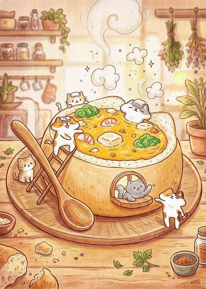 Cute Cat Stew Cozy Watercolor Art