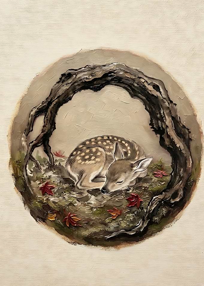 Sleeping Fawn in Autumn Forest