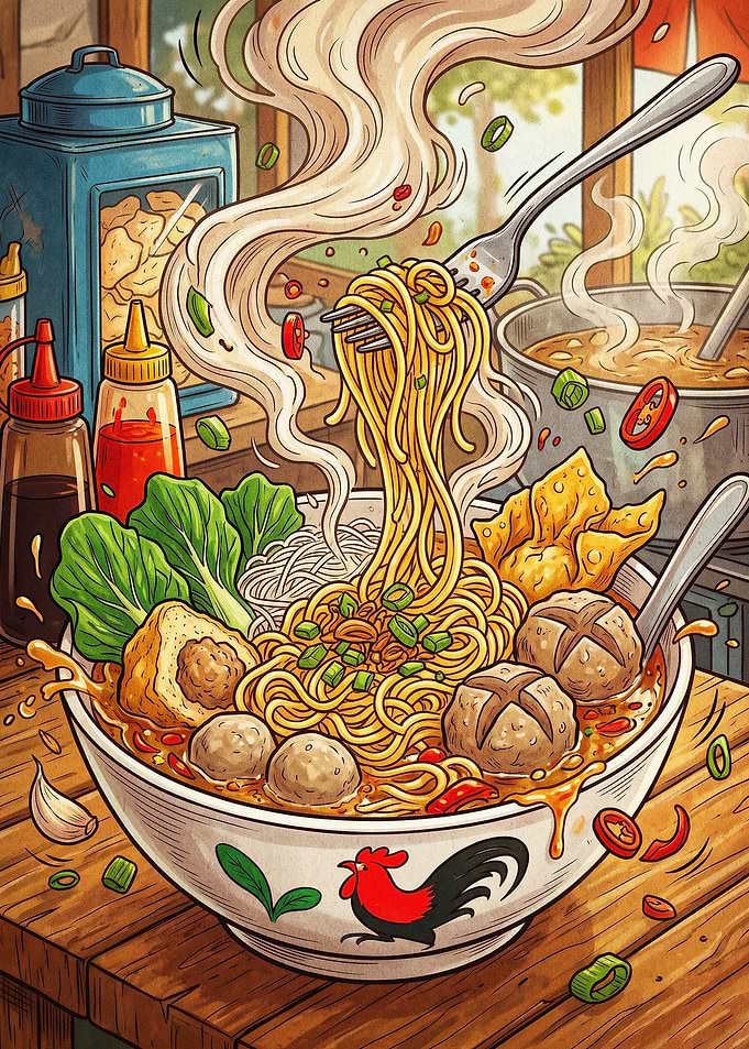 Noodle Bowl Steam Retro Food Art