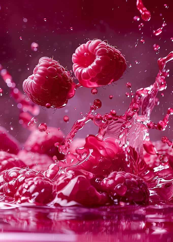 Fresh Raspberries Splashing in Juice