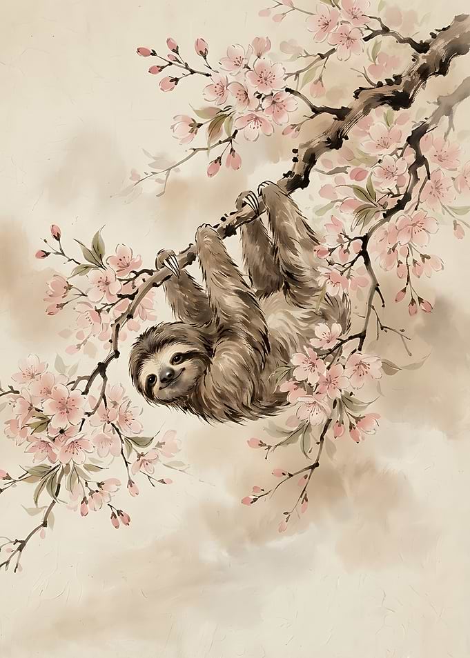 Sloth Hanging in Cherry Blossoms