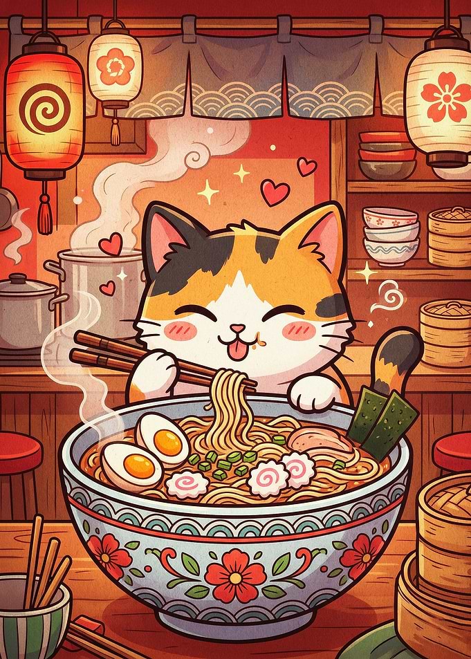 Cute Cat Ramen Japanese Art Poster
