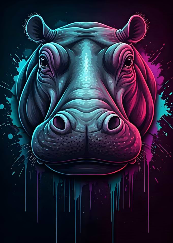 Neon Splatter Art Hippopotamus Portrait