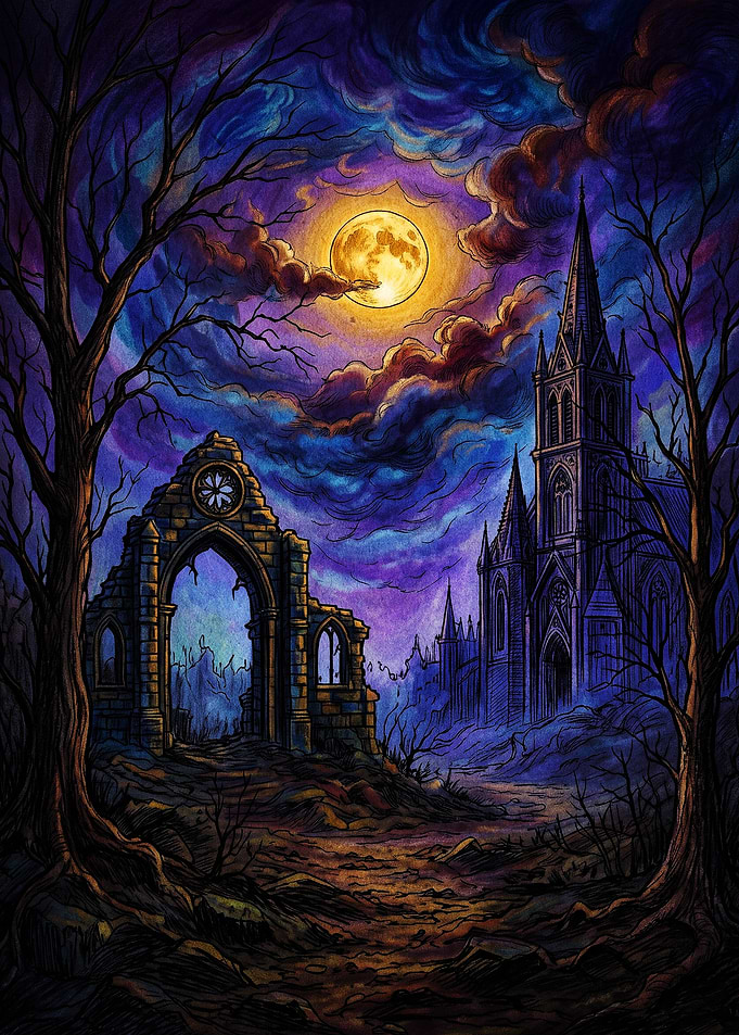 Gothic Ruins Under a Full Moon