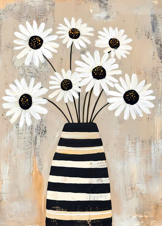 White Daisies in Striped Vase