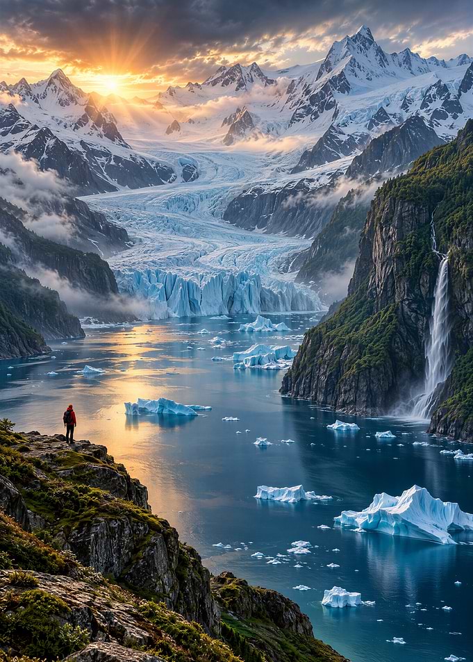 Hiker Overlooking Glacial Fjord at Sunset