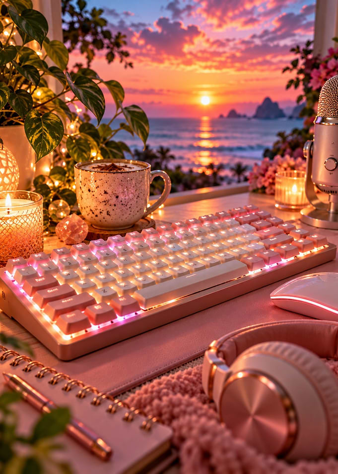 Cozy Sunset Gaming Desk Setup
