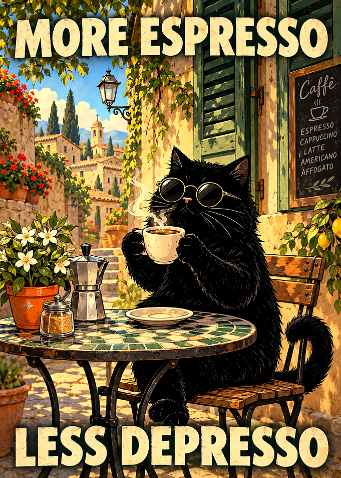 Cool Black Cat Drinking Espresso