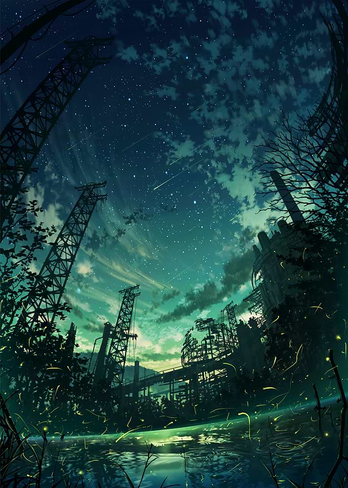 Abandoned Industrial Ruins Under Starry Sky