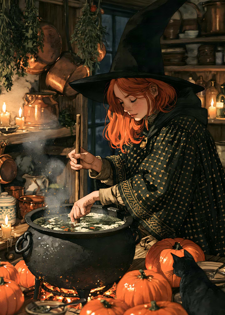 Cozy Cottagecore Young Witch Brewing Potion
