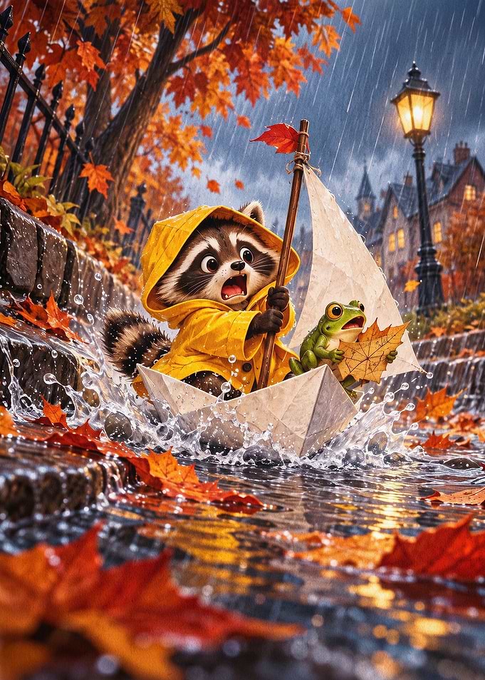 Raccoon Rainboat Cute Fantasy Art