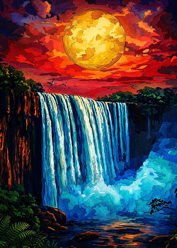 Vibrant Waterfall Under Golden Moon