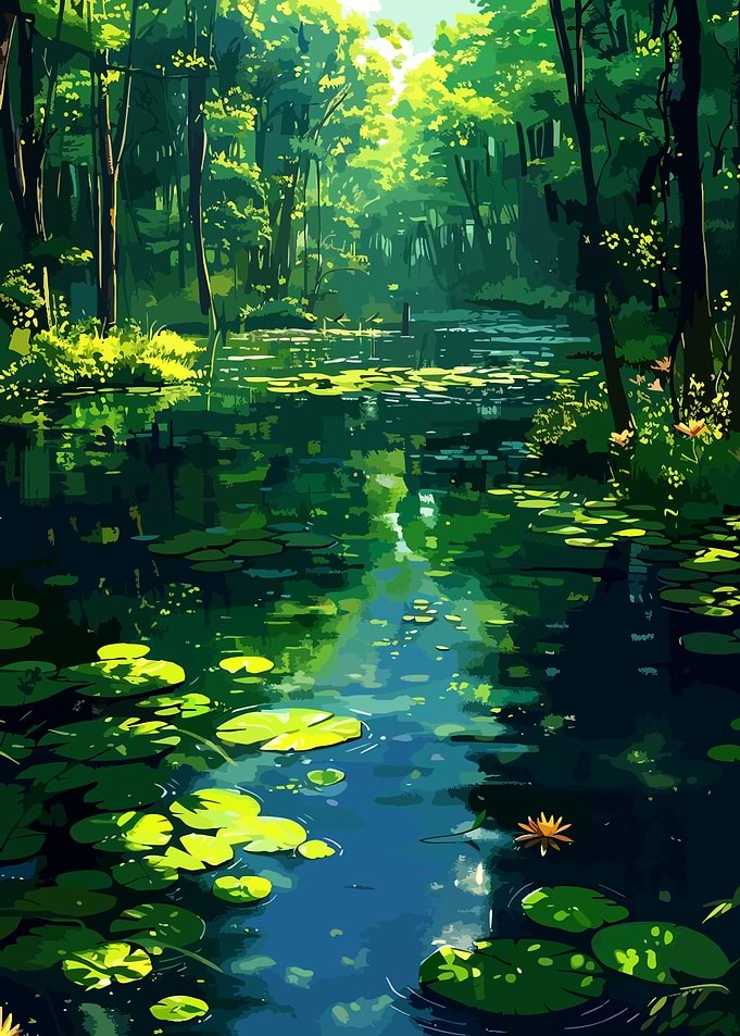 Lush Forest Stream with Lily Pads