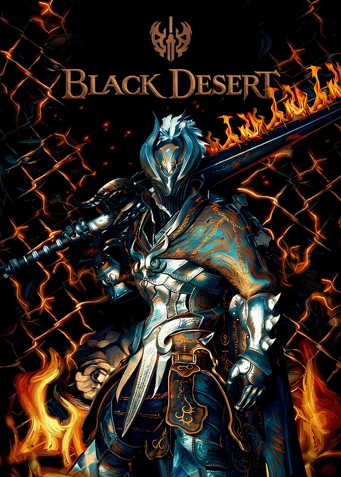Black Desert Warrior Flaming Sword Poster
