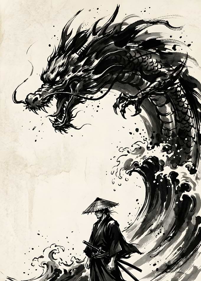 Samurai and Dragon Ink Wash Painting