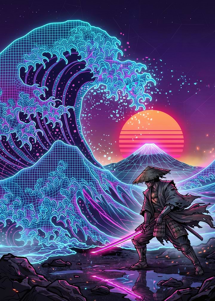 Cyberpunk Samurai and Neon Wave