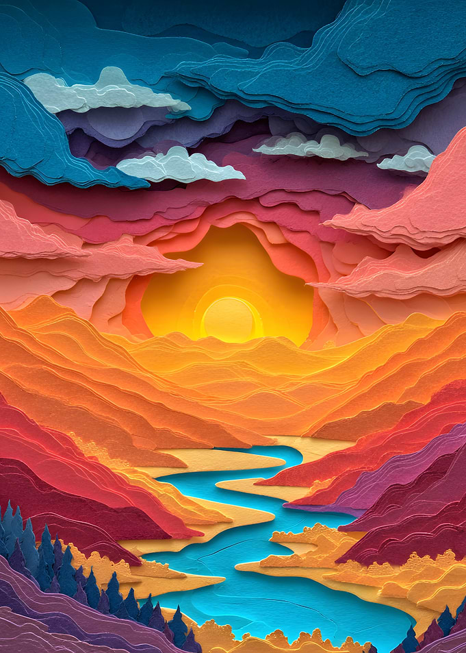 Layered Paper Cutout Sunset Landscape