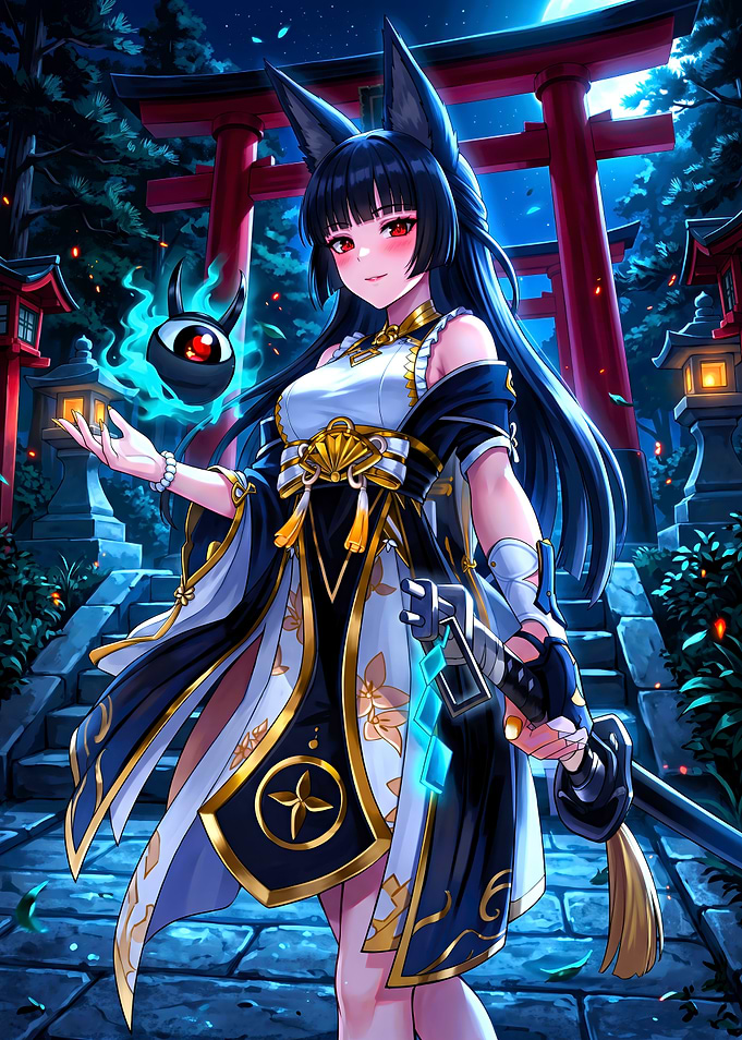 Anime Fox Girl at Night Shrine