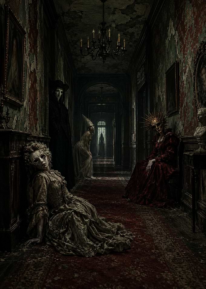 Haunted Mansion Hallway with Masked Figures