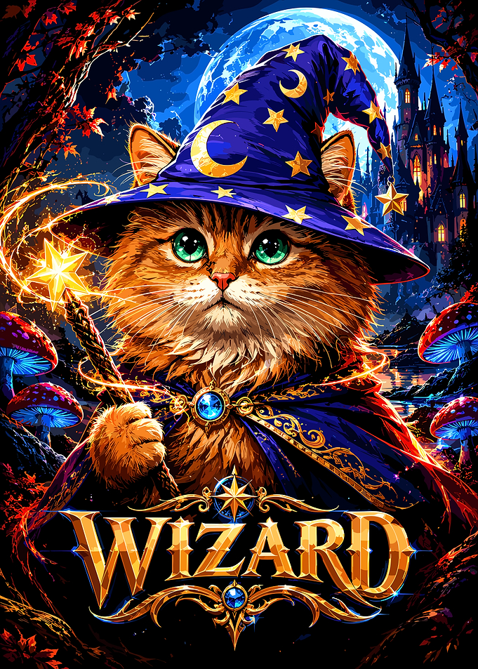 Magical Wizard Cat Fantasy Illustration